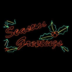 LED Rope Light Seasons Greetings With Holly Motif - Lighted Silhouette - Red, Green, And Yellow - 96 Inch