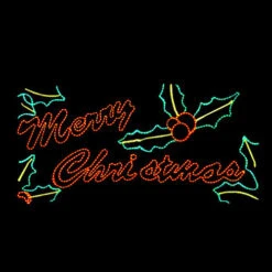 LED Rope Light Merry Christmas Holly Motif - Lighted Silhouette - Red And Green - 96 Inch