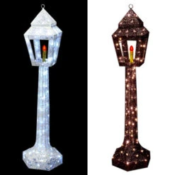 3D LED Lamp Post Motif With Flame Candle - White And Black - 53 Inch