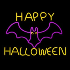 LED Neon Rope Light Happy Halloween With Flying Bat Motif - Lighted Silhouette - Pink And Yellow - 32 Inch