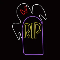 LED Neon Rope Light Halloween Ghost With RIP Tombstone Motif - Lighted Silhouette - Cool White, Red, And Yellow - 34.5 Inch