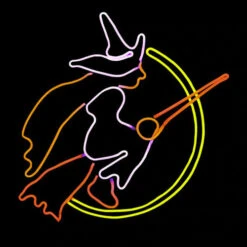 LED Neon Rope Light Halloween Flying Witch With Broom Motif - Lighted Silhouette - Orange, Red, And Yellow - 32 Inch