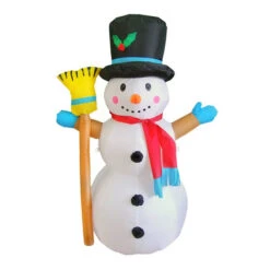 4 Foot Snowman With Blue Gloves And Broom Christmas Inflatable - LED Lighted Yard Display