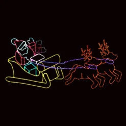 LED Rope Light Waving Santa Reindeer And Sleigh Motif - Animated Lighted Silhouette - Multi-Color - 96 Inch