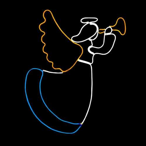 LED Neon Rope Light Angel Blowing Horn Motif - Lighted Silhouette - Cool White, Blue, And Yellow - 28 Inch