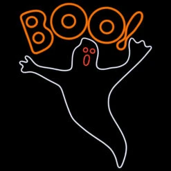 LED Neon Rope Light Halloween Ghost Motif - Lighted Silhouette - Orange, Red, And Cool White - 39 Inch