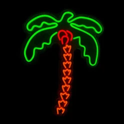 LED Neon Rope Light Palm Tree Motif - Lighted Silhouette - Green, Orange, And Red - 23 Inch