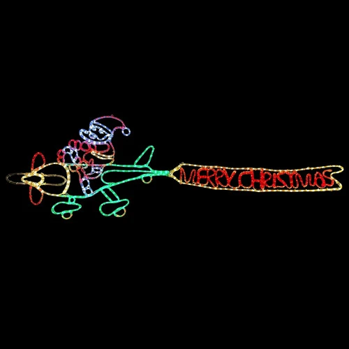 LED Rope Light Santa Flying Plane With Merry Christmas Banner Motif - Animated Lighted Silhouette - Multi-Color - 95 Inch - Image 3