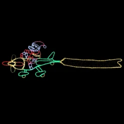LED Rope Light Santa Flying Plane With Merry Christmas Banner Motif - Animated Lighted Silhouette - Multi-Color - 95 Inch