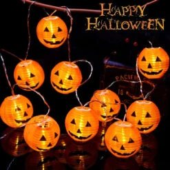 Halloween Globe Lantern Style Pumpkin LED String Lights - Battery Powered - 20 Bulb Set