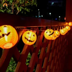 Halloween Globe Lantern Style Pumpkin LED String Lights - Solar Powered - 10 Bulb Set