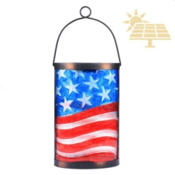 Patriotic USA American Flag Glass Solar LED Lantern With Dusk-To-Dawn Sensor