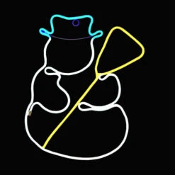 LED Neon Rope Light Snowman With Broom Motif - Lighted Silhouette - Cyan, Cool White, And Yellow - 20 Inch