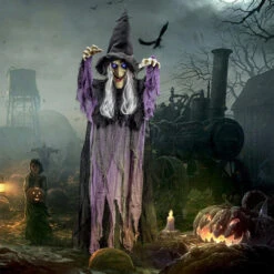 3D Animated Talking Hanging Halloween Witch - Battery Powered - Purple And White - 72 Inch