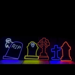 LED Neon Rope Light Cemetery With Flying Ghost Halloween Motif - Animated Lighted Silhouette - Multi-Color - 144 Inch