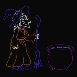 LED Neon Rope Light Witch With Cauldron Halloween Motif - Animated Lighted Silhouette - 96 Inch